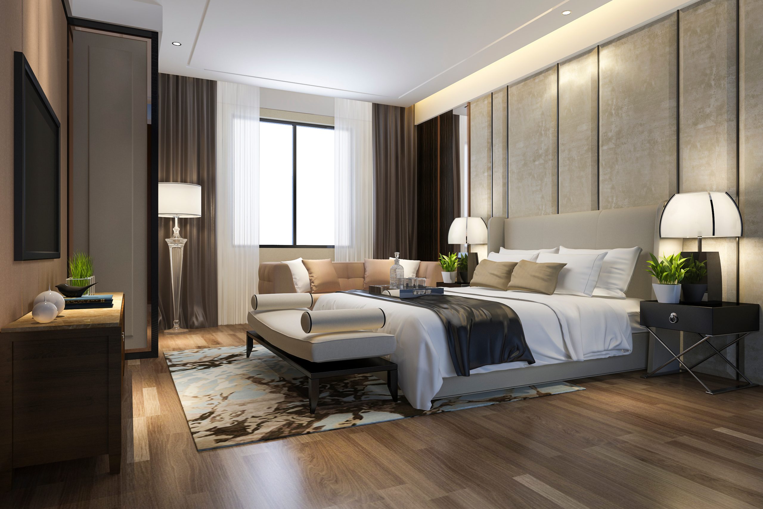 3d rendering beautiful luxury bedroom suite in hotel with tv and